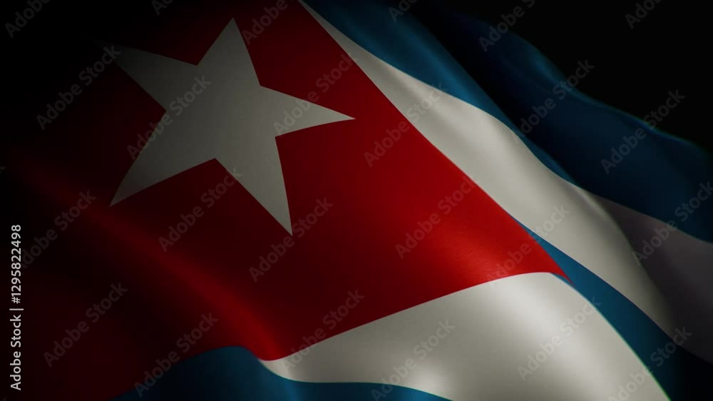 A closeup, spotlight-lit realistic 3D animation of the Cuban flag waving, showcasing its vibrant colors and smooth, flowing motion A closeup, spotlight-lit realistic 3D animation of the Cuban flag waving, showcasing its vibrant colors and smooth, flowing motion