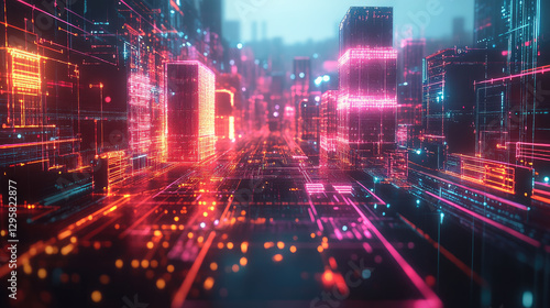 Wallpaper Mural Global logistics network visualized as a futuristic cityscape with neon lights and interconnected pathways illuminating transport routes Torontodigital.ca