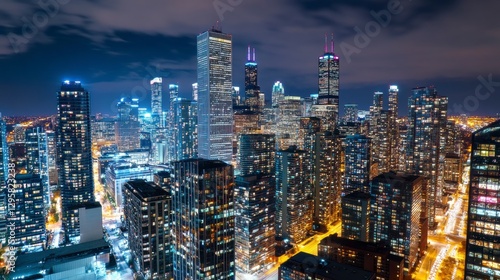 Aerial Night View of Illuminated Cityscape with Skyscrapers