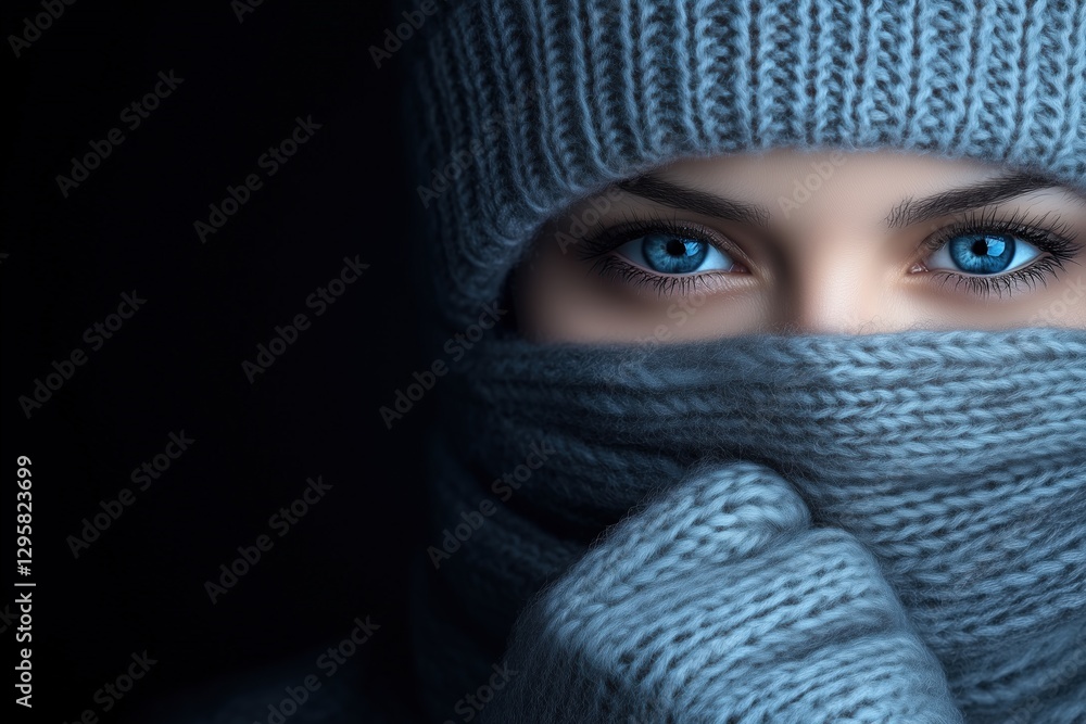 Close-up of a woman with striking blue eyes wrapped in a warm knitted scarf. Mysterious winter portrait. Close-up of a woman with striking blue eyes wrapped in a warm knitted scarf. Mysterious winter portrait.