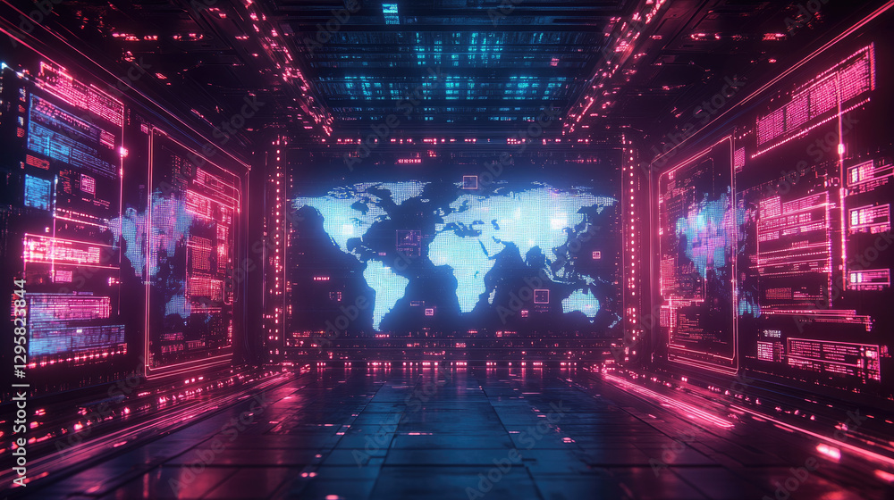 Obraz premium Glowing network of interconnected points forming a world map, with radiant light trails symbolizing global connections on a sleek neon digital background