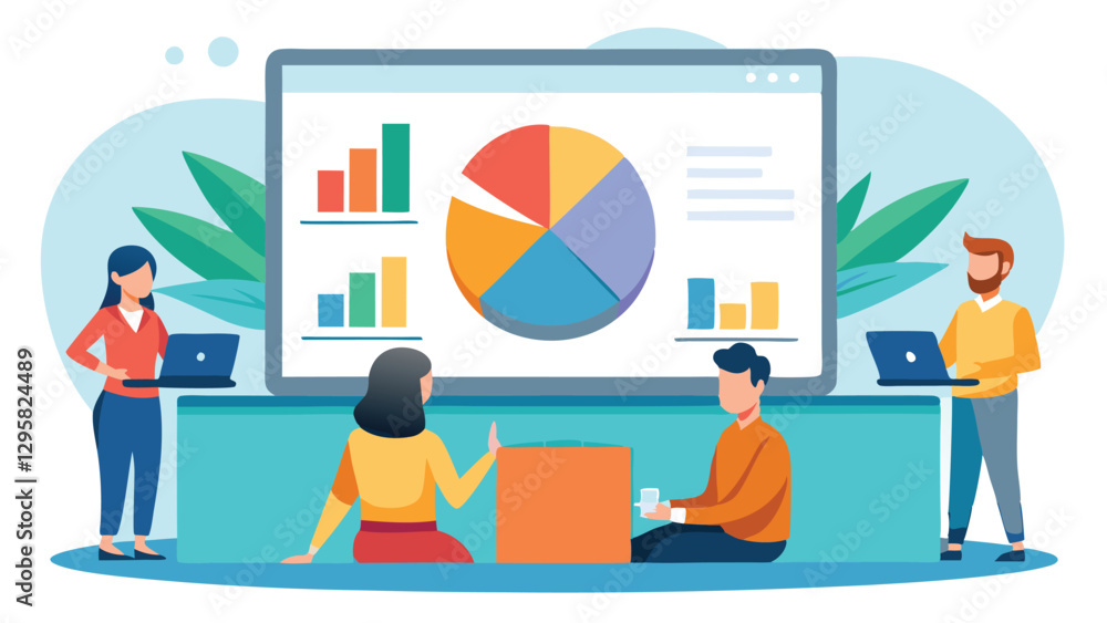 Team collaboration in a modern workspace analyzing data with charts and graphs during a strategic meeting in a bright and minimal design setting