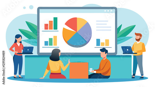 Team collaboration in a modern workspace analyzing data with charts and graphs during a strategic meeting in a bright and minimal design setting