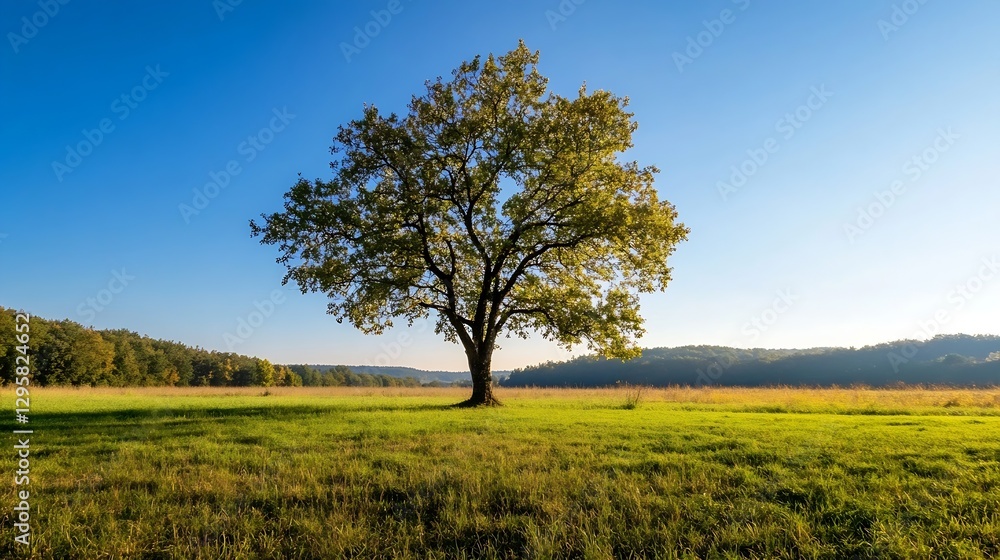 Lone Silhouetted Tree in a Vast Meadow Under a Clear Blue Sky During Golden Hour : Generative AI Lone Silhouetted Tree in a Vast Meadow Under a Clear Blue Sky During Golden Hour : Generative AI