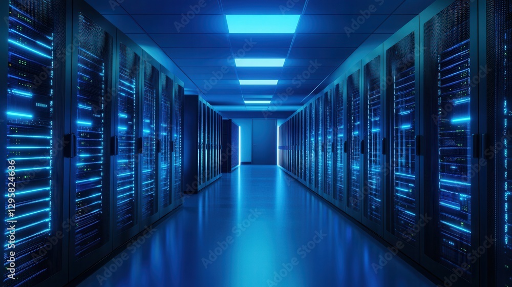 Futuristic Data Center Corridor Illuminated by Blue LED Lights with Rows of Server Racks and a Bright Exit in a High-Tech Environment Futuristic Data Center Corridor Illuminated by Blue LED Lights with Rows of Server Racks and a Bright Exit in a High-Tech Environment