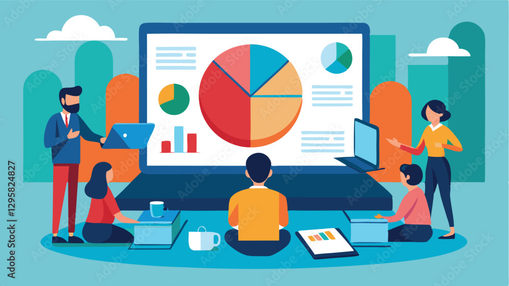 Team collaboration in a modern workspace analyzing data with charts and graphs during a strategic meeting in a bright and minimal design setting