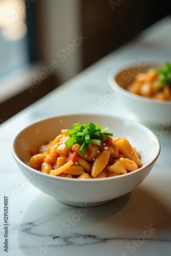 Steamed cheung fun with sesame oil and scallions in a white bowl, decor, plate, restaurant photo