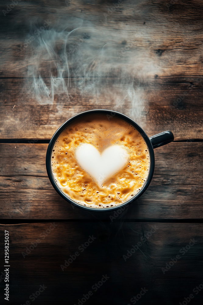 Steaming cup with intricate heart-shaped foam design against rustic wooden table background with empty space for text Steaming cup with intricate heart-shaped foam design against rustic wooden table background with empty space for text