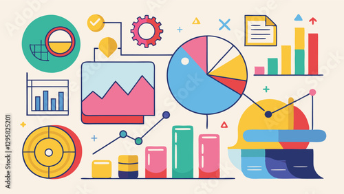 Colorful vector illustration featuring various data visualizations and analytics tools on a bright background suitable for presentations and reports