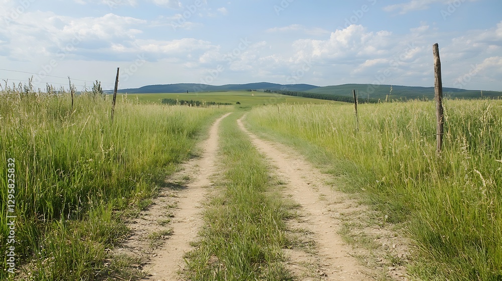 Idyllic country dirt road surrounded by lush green fields and blue sky : Generative AI Idyllic country dirt road surrounded by lush green fields and blue sky : Generative AI