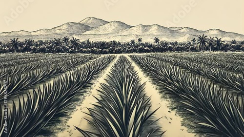 Vast fields of agave plants stretch towards mountains under a clear sky in a rural landscape