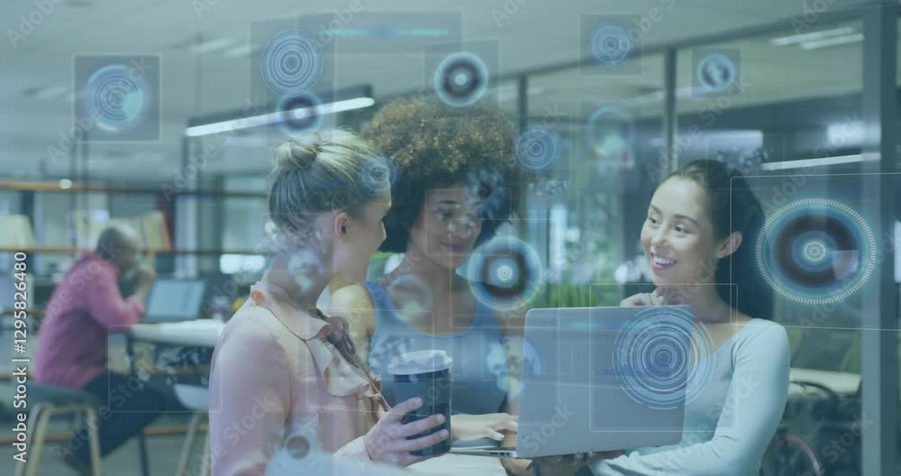 Three women collaborating at office with digital data processing animation overlay Three women collaborating at office with digital data processing animation overlay