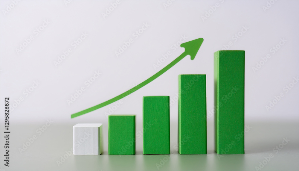 Green white bar chart with upward arrow. Growth or progress. Business, finance and success concept Green white bar chart with upward arrow. Growth or progress. Business, finance and success concept