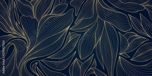 Vector art deco leaf pattern, gold luxury leaves wallpaper, garden vintage foliage background. Fancy ornament, nature flower design
