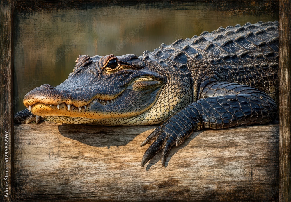 Obraz premium Captivating Close-Up of Alligator Relaxing on a Log in Natural Habitat with Detailed Textures and Colors Enhancing the Beauty of Wildlife Photography