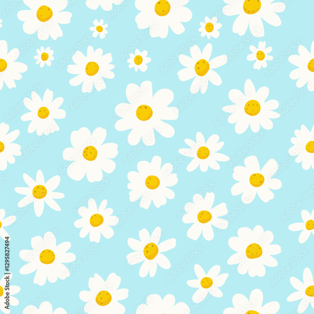 Vector illustration of a seamless pattern with chamomile flowers on a solid blue background. Perfect for textiles, wallpapers, wrapping paper, and floral-themed designs. Vector illustration of a seamless pattern with chamomile flowers on a solid blue background. Perfect for textiles, wallpapers, wrapping paper, and floral-themed designs.
