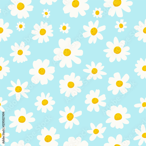 Vector illustration of a seamless pattern with chamomile flowers on a solid blue background. Perfect for textiles, wallpapers, wrapping paper, and floral-themed designs.