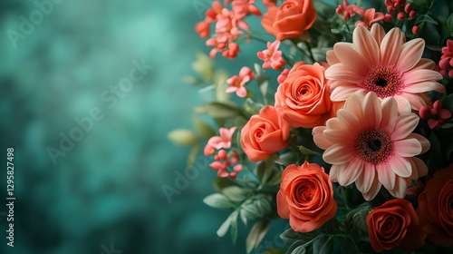 Fototapeta Naklejka Na Ścianę i Meble -  Bouquet of pink gerbera and orange roses blooming on green background