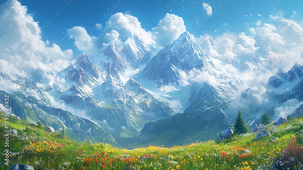 Obraz premium A hyper-realistic depiction of the Alps near Chamonix, with towering dramatic peaks covered in snow, set against a vibrant blue sky and soft wisps of clouds, a serene alpine meadow in the foreground.