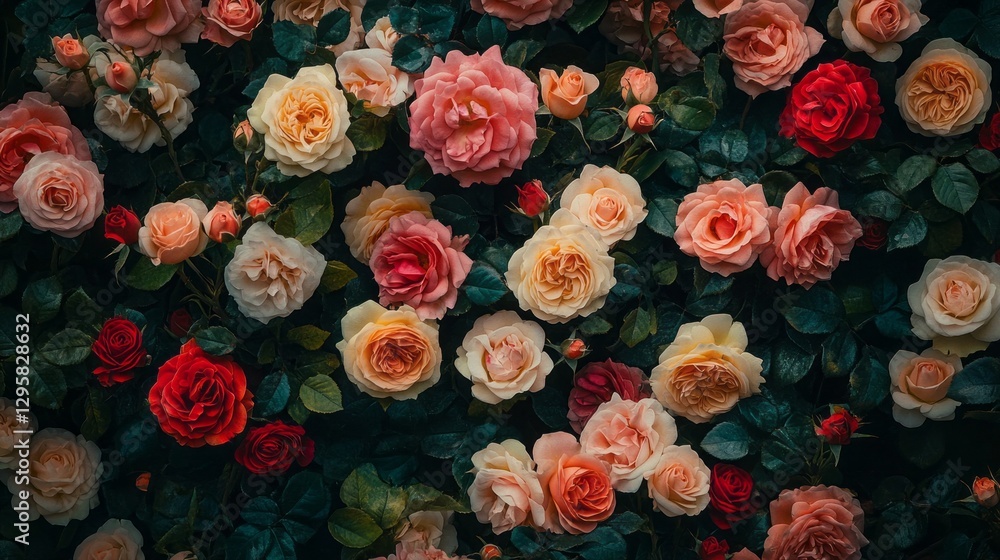 Fototapeta premium A stunning display of a rose garden reveals an array of roses in full bloom. Each flower features vibrant colors and unique textures, creating a beautiful natural pattern
