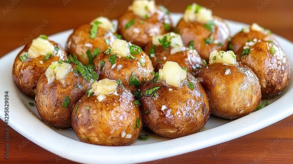 Deliciously Roasted Mushrooms with Herb Butter and Garlic Served on a White Plate for Gourmet Culinary Cuisine Deliciously Roasted Mushrooms with Herb Butter and Garlic Served on a White Plate for Gourmet Culinary Cuisine