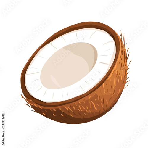 A flat 2D vector illustration of a sliced coconut with leaves, designed as an icon and isolated on a white background. Flat clipart illustration tropical fruit set