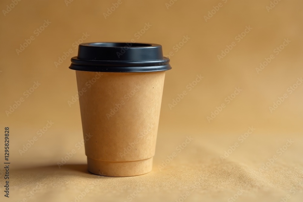 A Single Disposable Paper Coffee Cup with a Black Lid Sits on a Tan Surface A Single Disposable Paper Coffee Cup with a Black Lid Sits on a Tan Surface