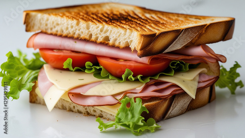 An isolated white background features a ciabatta sandwich with cheese, lettuce, tomatoes, and prosciutto.