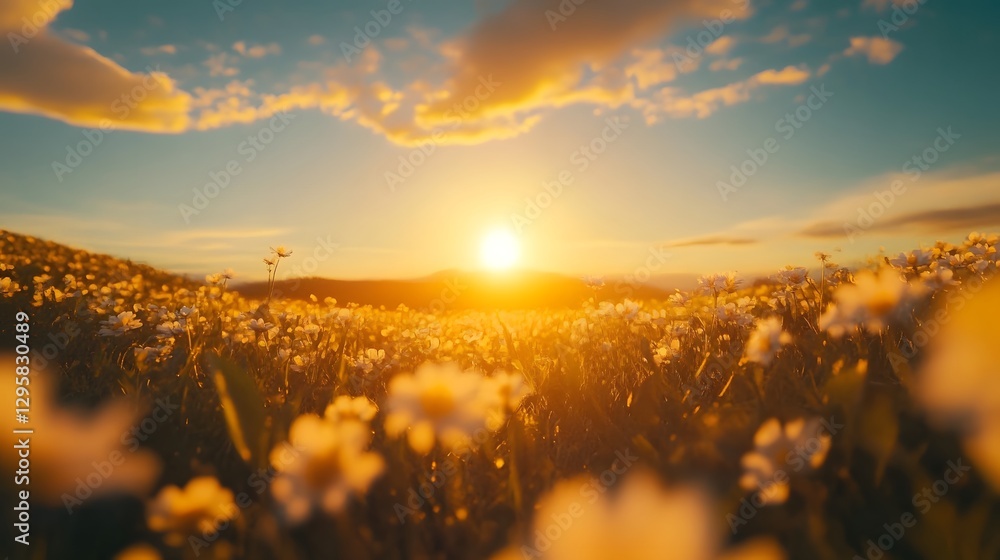 Serene sunset over a blooming flower field, capturing nature's beauty and tranquility Serene sunset over a blooming flower field, capturing nature's beauty and tranquility