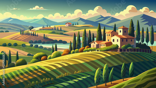 Classic Tuscany landscapes - rolling hills and cypress trees. Italy