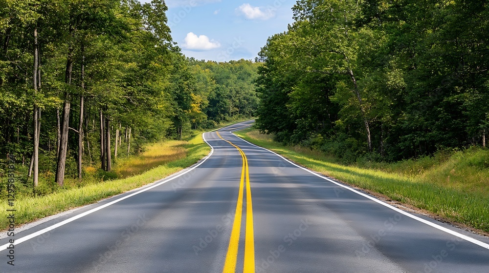 Obraz premium Curvy country road winding through a lush green forest on a sunny day inviting exploration : Generative AI