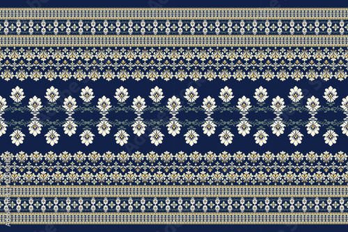Seamless white and gold floral damask shape with geometric ethnic tradition pattern texture on navy blue background