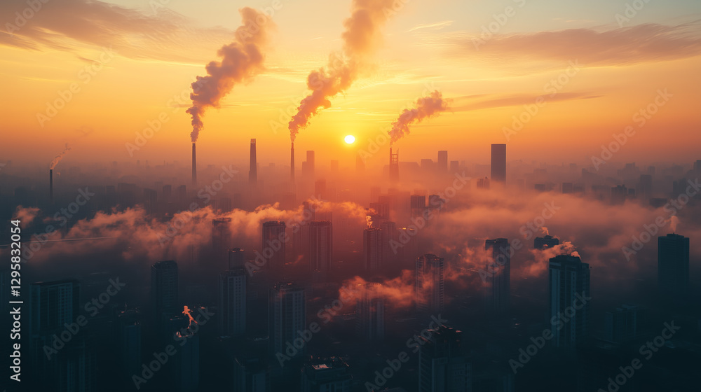 Urban skyline at sunset with smoke from industrial chimneys creating a dramatic atmosphere and reflecting light in the sky Urban skyline at sunset with smoke from industrial chimneys creating a dramatic atmosphere and reflecting light in the sky