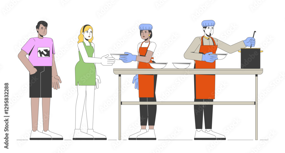 Obraz premium Soup kitchen volunteers serving meals 2D vector illustration. Food donation. Community service. Homeless shelter, feeding people flat characters isolated on white background. Colorful cartoon image