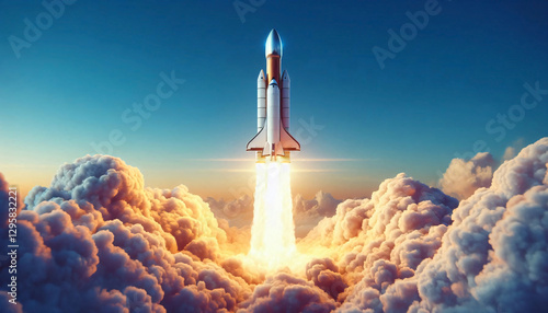 Space rocket launching upwards, illustration