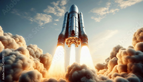 Space rocket launching upwards, illustration