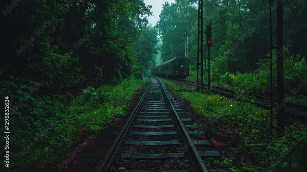 The long railroad tracks lead to a distant forest train The long railroad tracks lead to a distant forest train