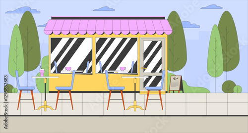 Empty outdoor cafe with storefront, awning and tables chairs flat illustration background. Local coffee shop, bistro coffeeshop 2D cityscape cartoon backdrop. Colorful scene vector art image