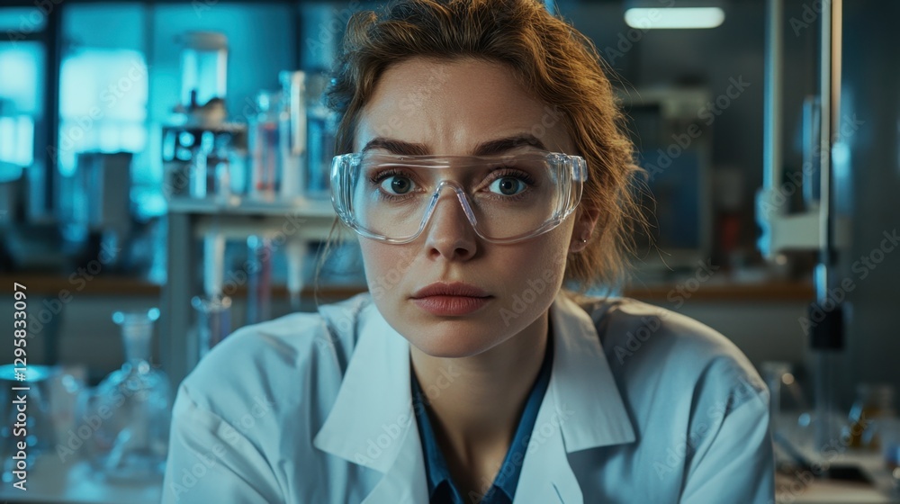 Young female scientist in laboratory wearing glasses, looking serious at camera, laboratory equipment and glassware in background, scientific research concept Young female scientist in laboratory wearing glasses, looking serious at camera, laboratory equipment and glassware in background, scientific research concept