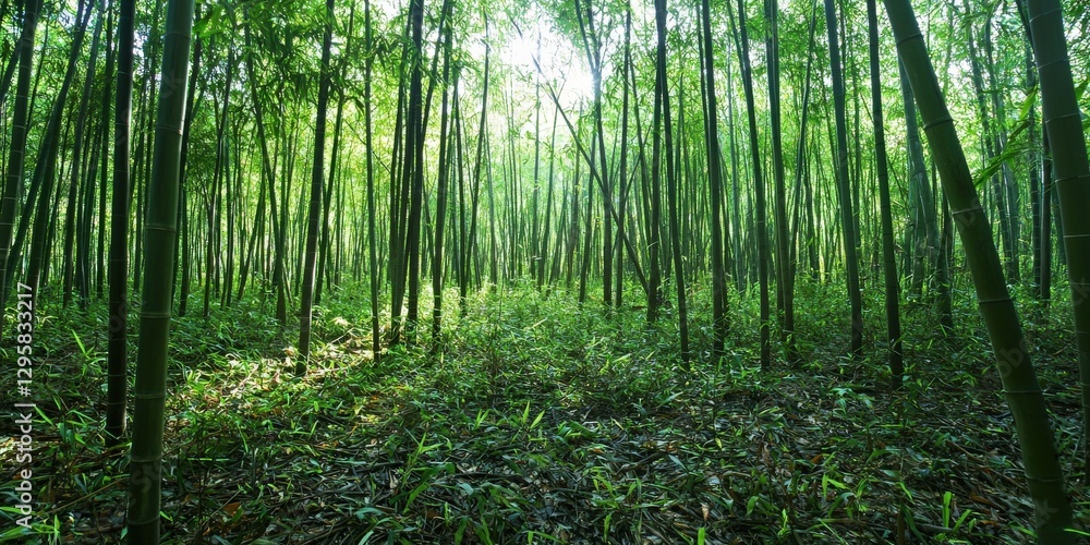 Fototapeta premium Serene bamboo forest with tall green stalks reaching towards the sky, sunlight casting soft shadows on the forest floor