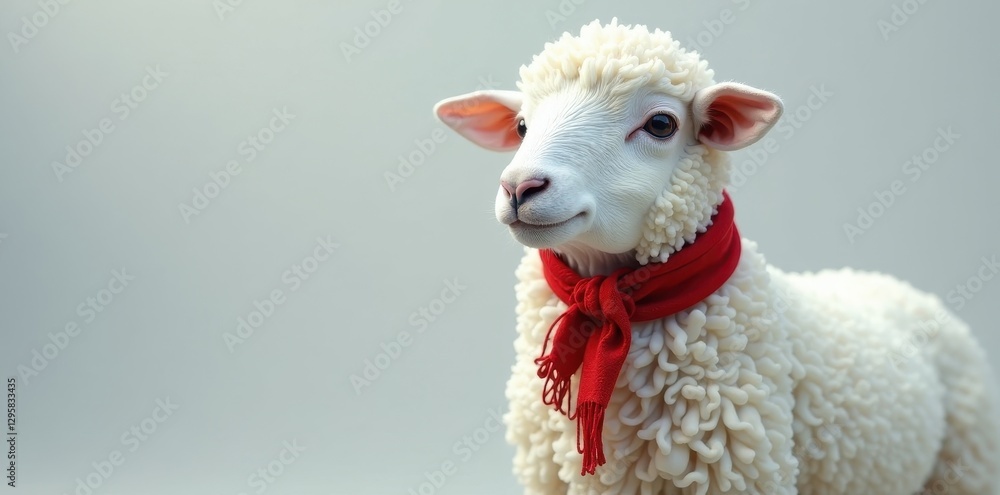 Fototapeta premium A fluffy lamb wearing a scarlet scarf, a symbol of innocence and warmth