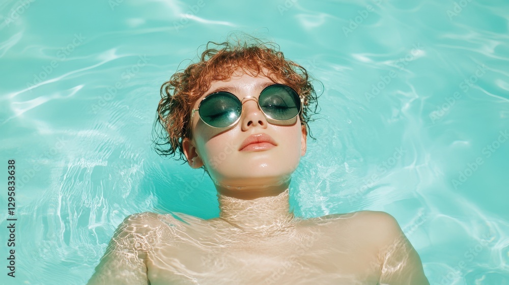 Naklejka premium Woman with curly hair floats in turquoise pool water