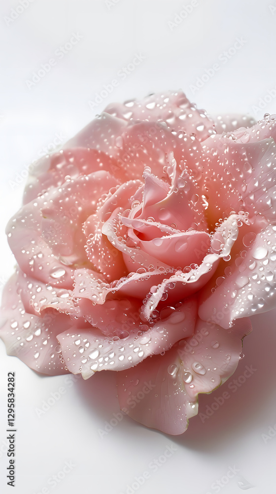 Fototapeta premium A pink rose delicately covered in dewdrops, placed gently on a surface, symbolizing love, purity, and beauty.