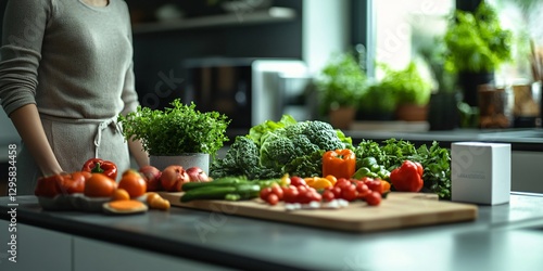 Fresh vegetables on the dining table in an open kitchen, embracing a green and healthy lifestyle.