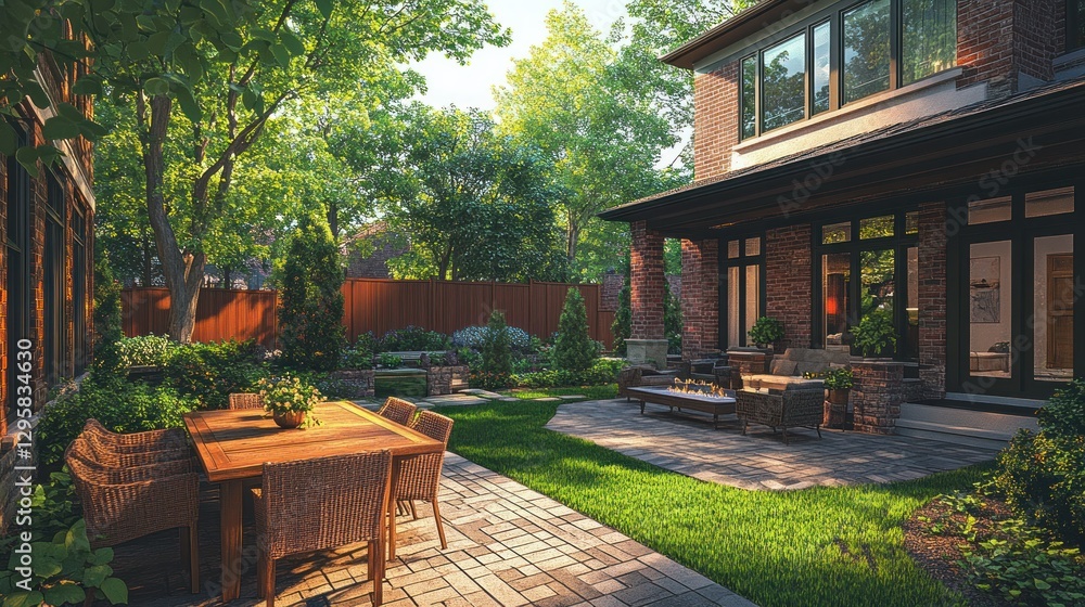 Sun-drenched backyard patio with modern home Sun-drenched backyard patio with modern home