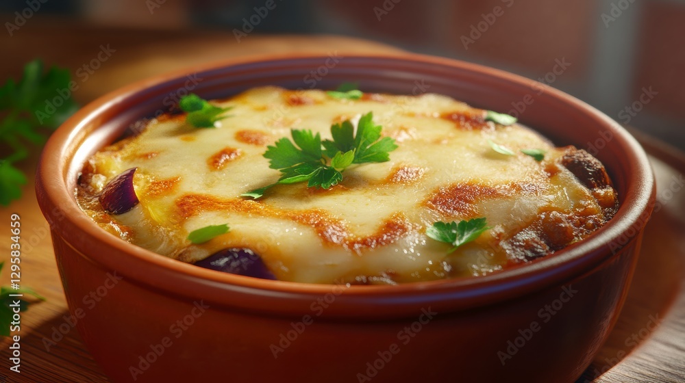 Warm Melted Cheese Baked Dish with Parsley Garnish Warm Melted Cheese Baked Dish with Parsley Garnish