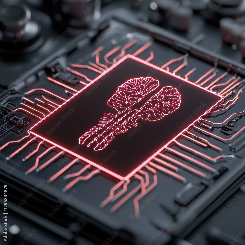 Neon brain hologram on circuit board, futuristic technology concept Neon brain hologram on circuit board, futuristic technology concept
