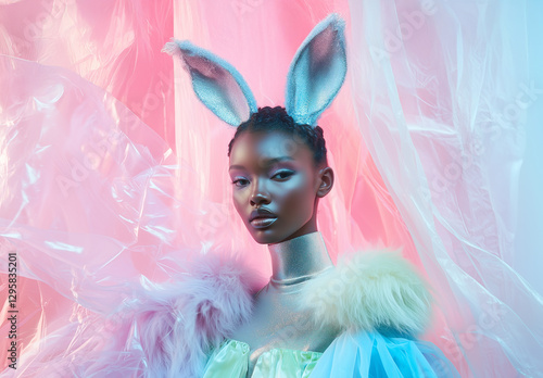 A model dressed in a stylish outfit with subtle bunny elements