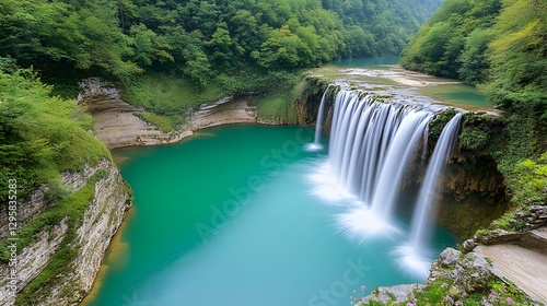 Serene waterfall cascading into a turquoise pool surrounded by lush greenery in a tranquil landscape