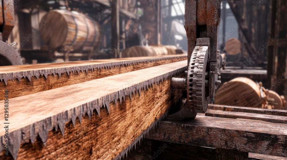 Fototapeta premium Weathered Wooden Beam in Rusty Sawmill Machinery